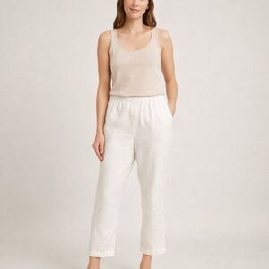 Petite Linen Pants White Elastic Waist Women PL Cropped